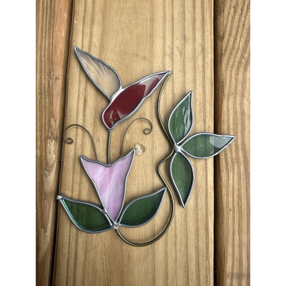 Vintage Handmade Stained Glass Hummingbird and Flower 6"